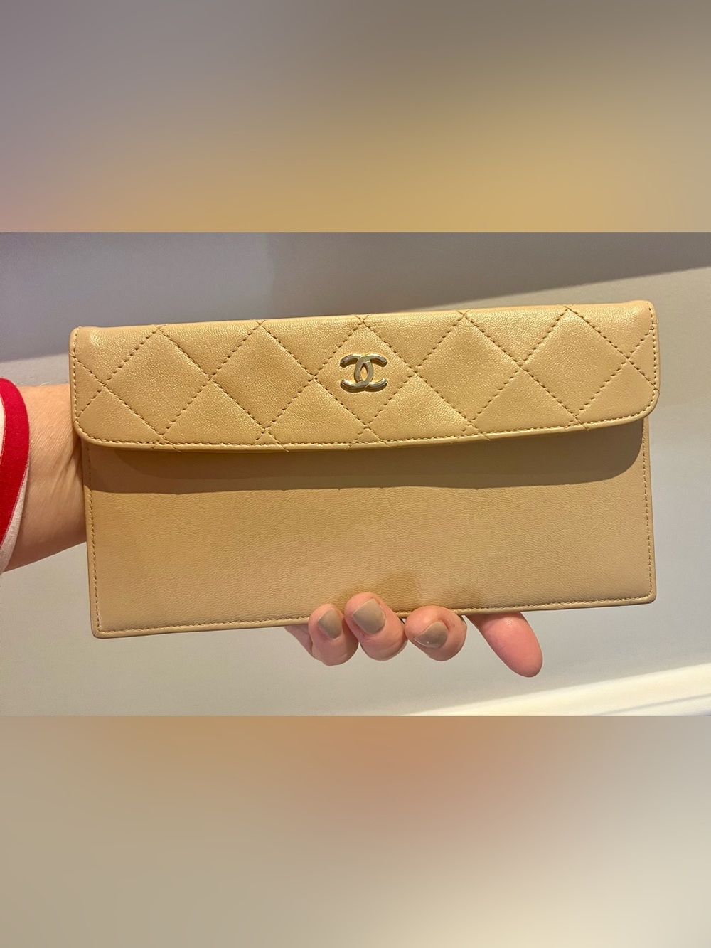 CHANEL Quilted Leather Clutch Pouch in Cream with Gold CC